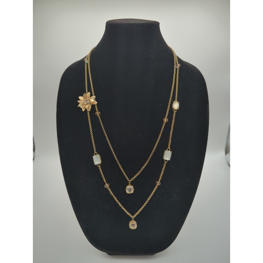 Gold Tone Layered Long Station Necklace Floral Rhinestone Crystal Accents